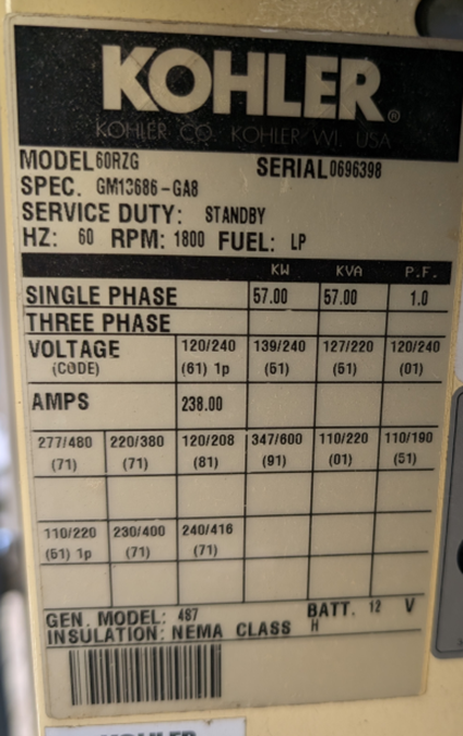 Kohler 60RZG 57kW 60KW LP Nat Gas Generator 1&3PH Standby GM 5.7L TESTED