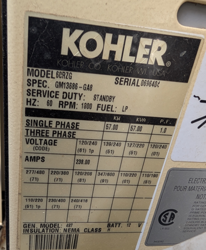 Kohler 60RZG 57kW 60KW LP Nat Gas Generator 1&3PH Standby GM 5.7L TESTED
