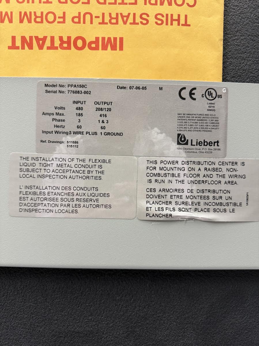 Liebert PPA150C Precision Power Distribution Unit 150KVA PDU 480V to 208Y/120V 3PH