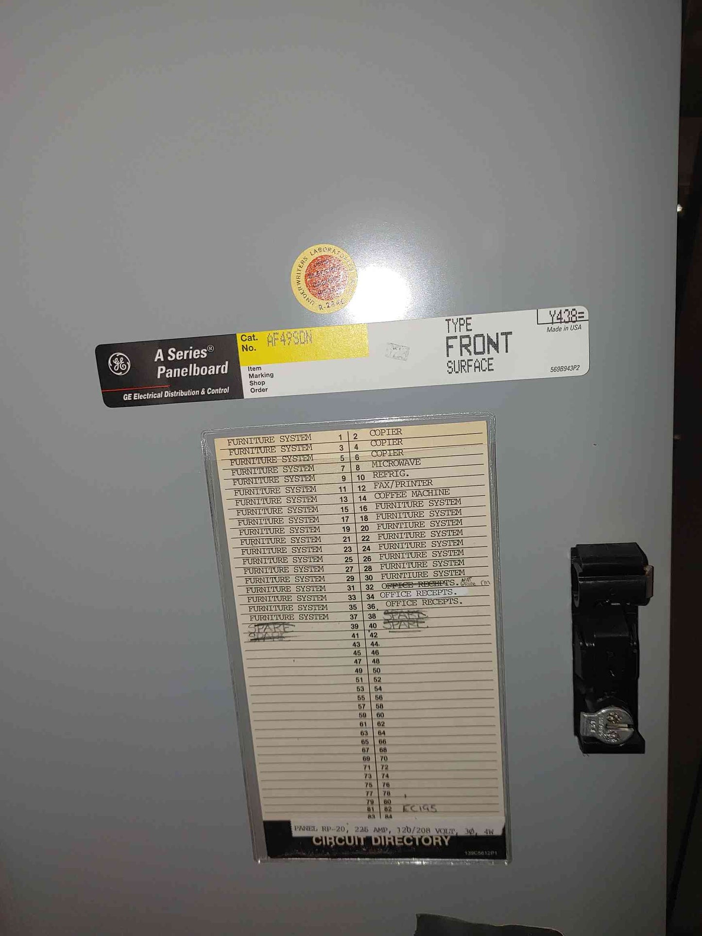 GE A Series Panelboard 208Y/120V 225A MAX AF49SDN (112470)