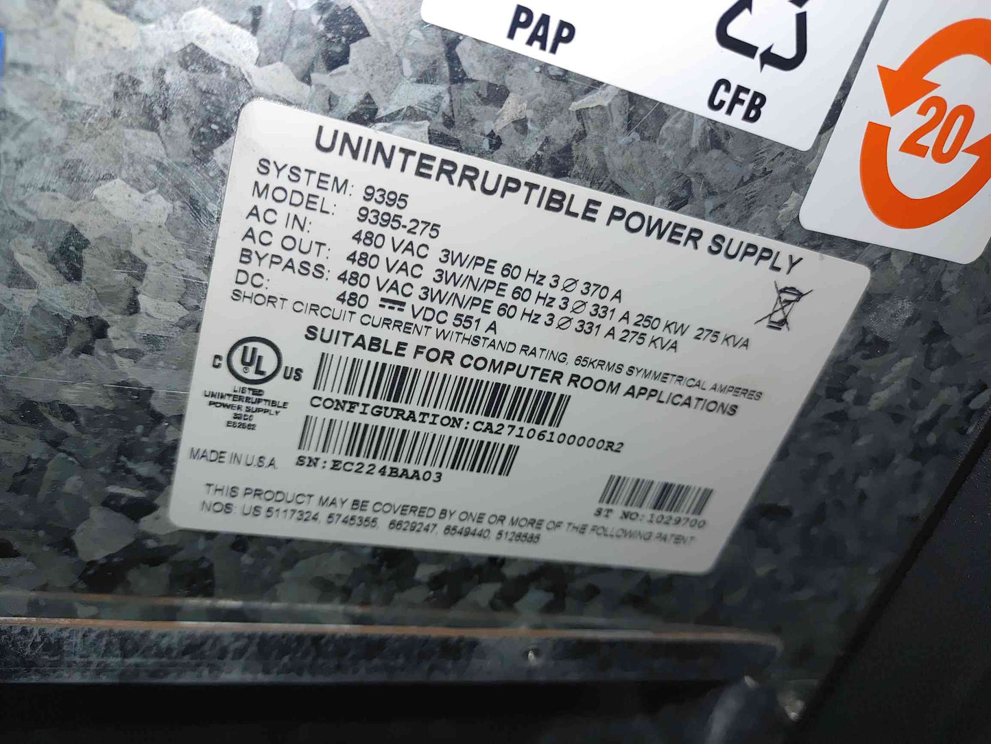 Eaton 9395-275 Powerware 275kVA 250kW 480V 3PH Industrial Data Center UPS System