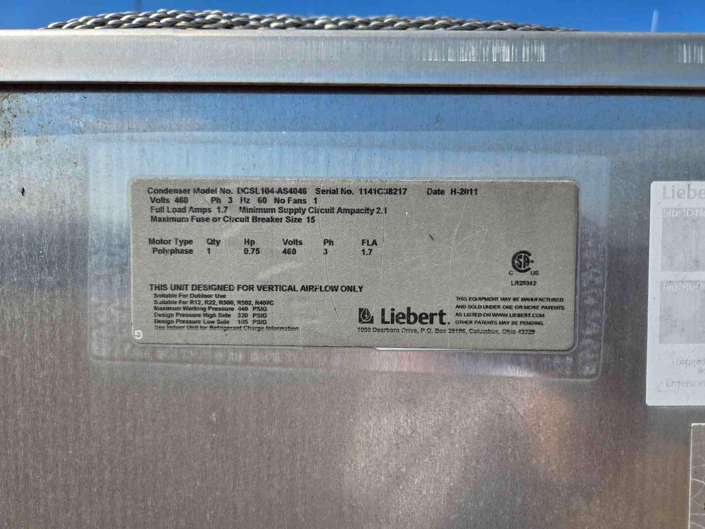 Liebert Single Fan Condenser DCLS104-AS4046 460v 3PH (SKU: 110362)