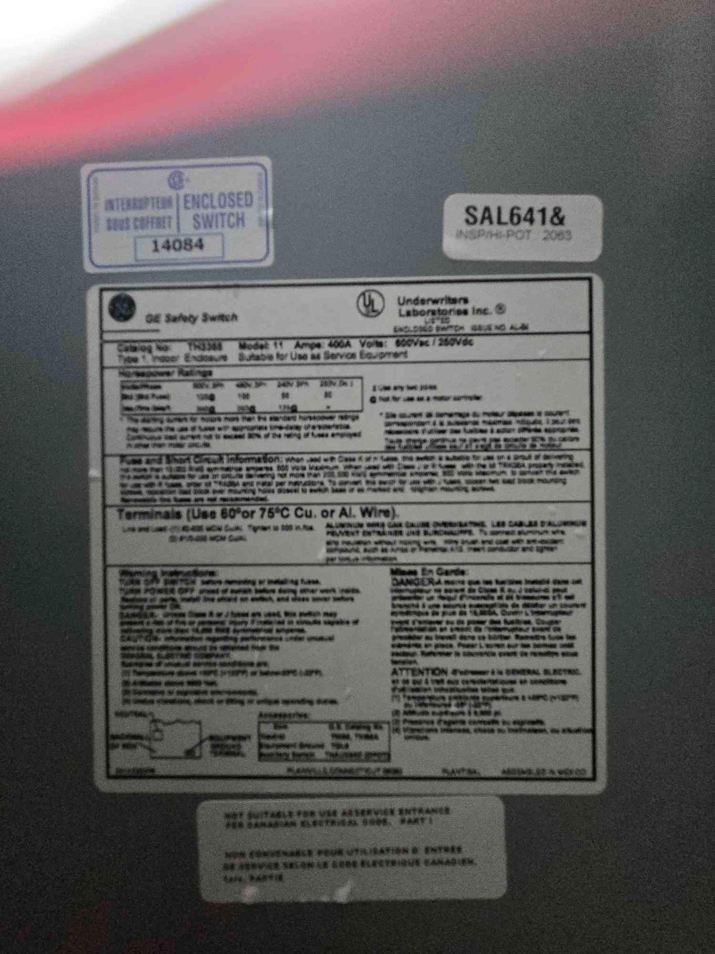 400A GE Safety Switch 600VAC/250VDC Model Number 11