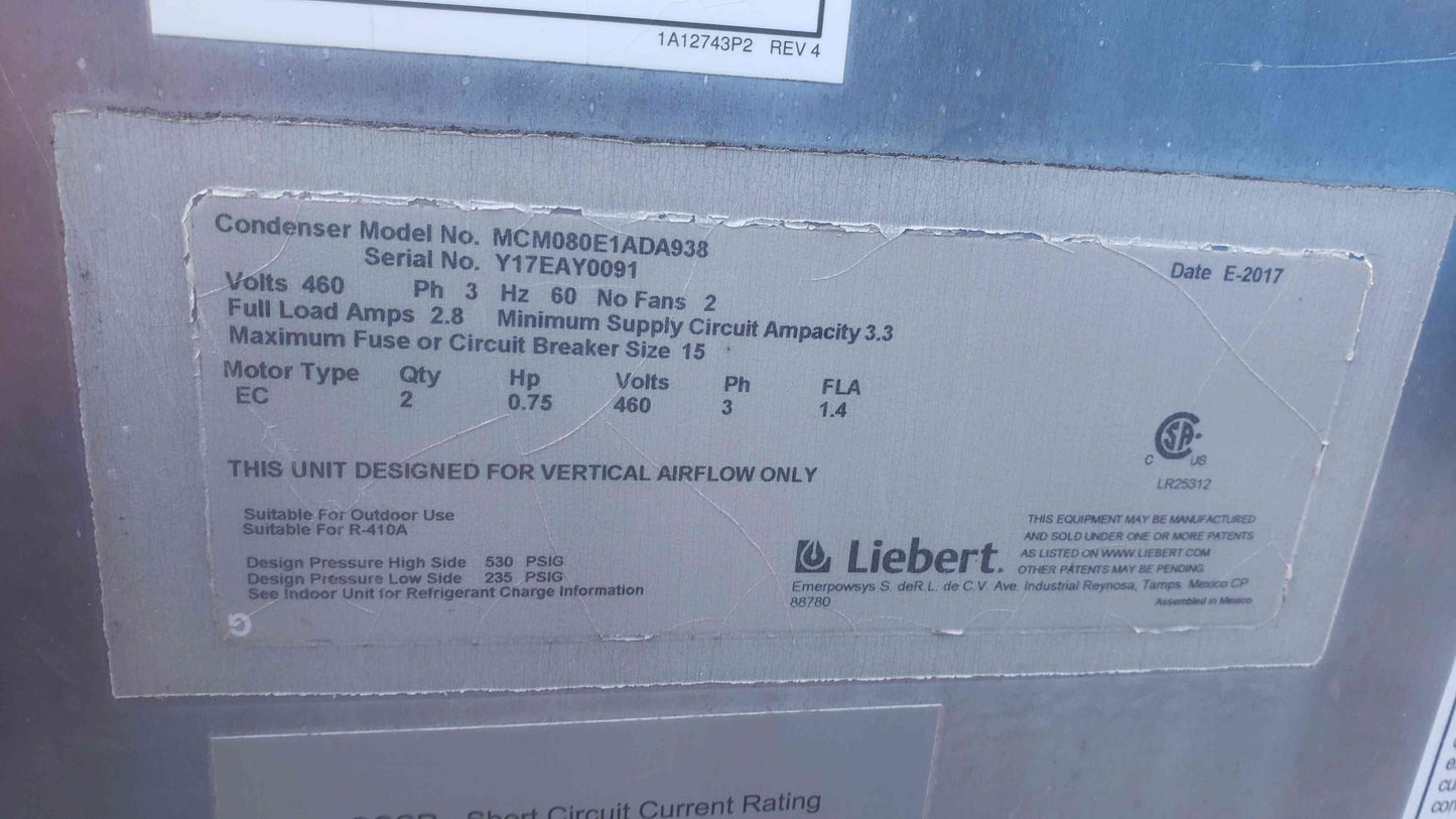Liebert 2 Fan 460V 3PH Condenser MCM080W1ADA938 (SKU: 109551)