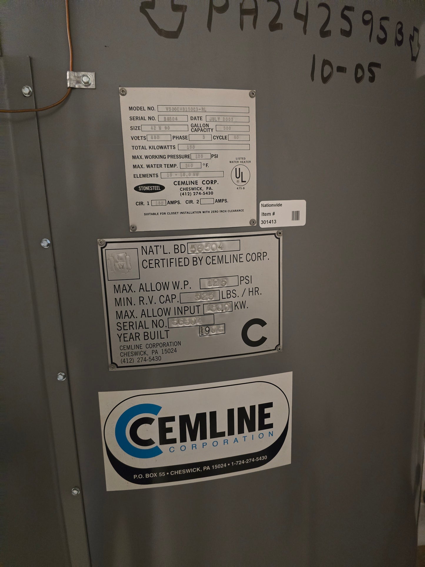 Cemline Stonesteel V500EH150C3-RL 500 Gallon Commercial Electric Water Heater 480V 3-Phase 150kW ASME