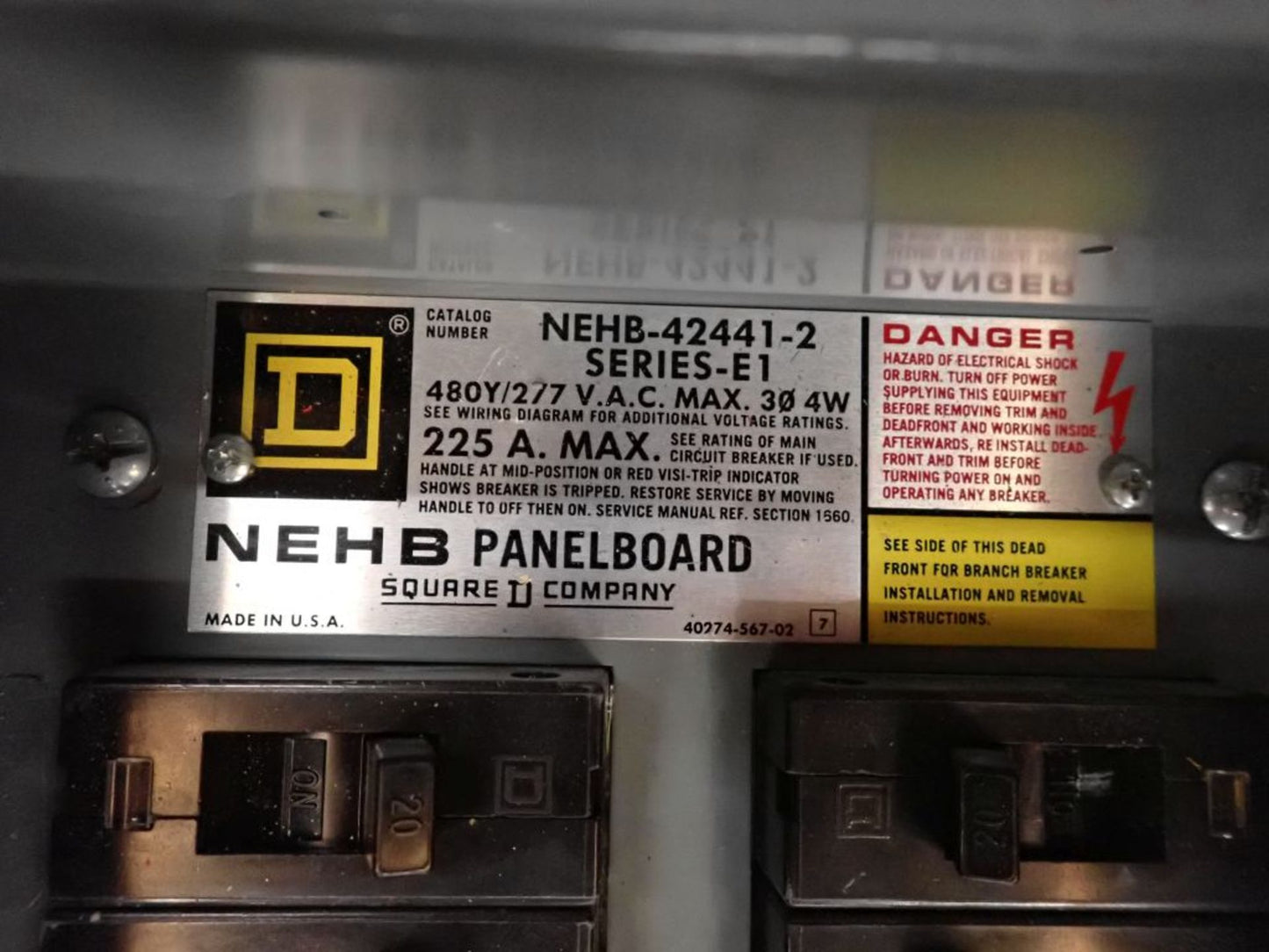Square D NEHB-42441-2 Panelboard 225A 480V 3PH w/ NEHB-2MW Main Breaker Kit (SKU: 111754)