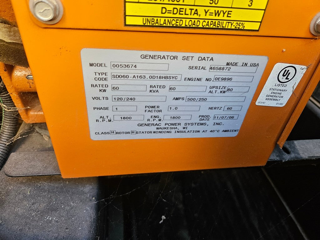 60kW Generac 0053674 500/250A 120/240V 1PH Diesel 355.8 Hrs. TESTED (SKU: 114039)