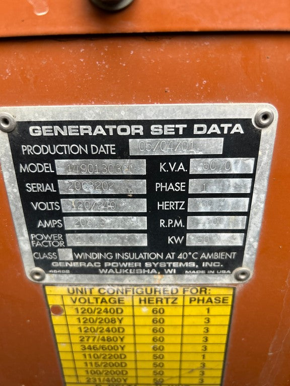 50KW Generac 1490130300 208.3A 120/240V 1PH Diesel 279.8 Hrs. TESTED (SKU: 114040)