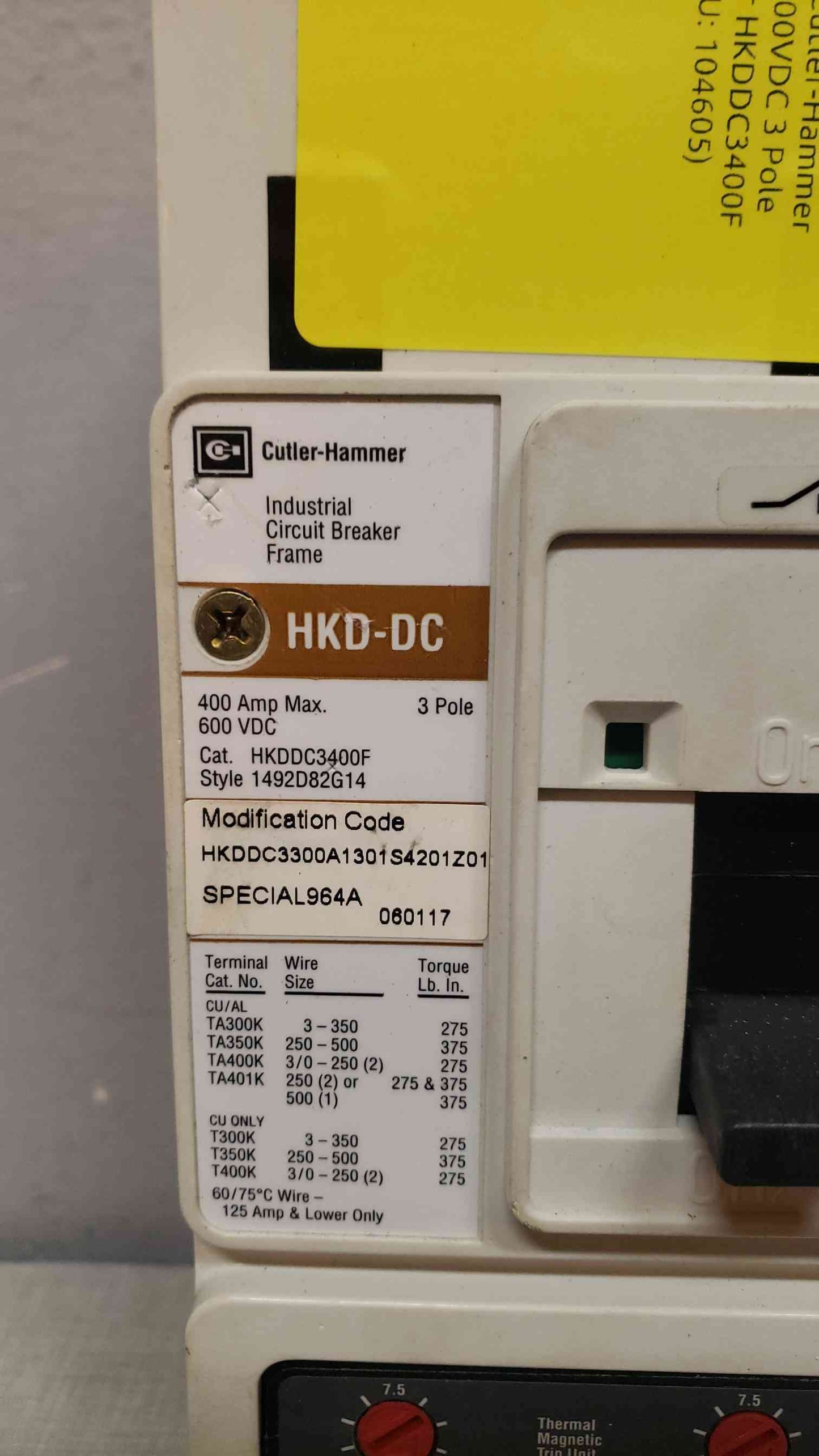 Cutler-Hammer 400A 600VDC 3 Pole Breaker HKDDC3400F(104605)