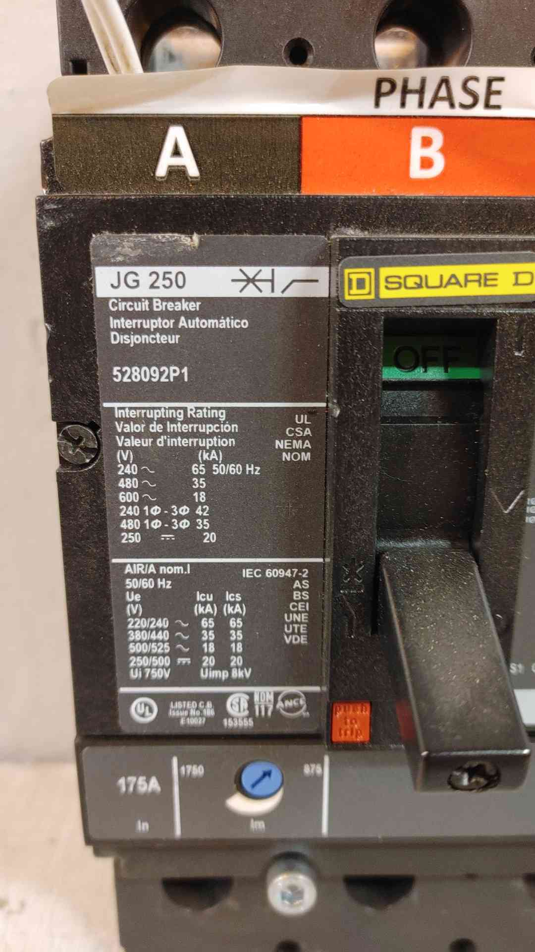Square D 175A 3 Pole Circuit Breaker 65KA 220/240V JG 250(104636)