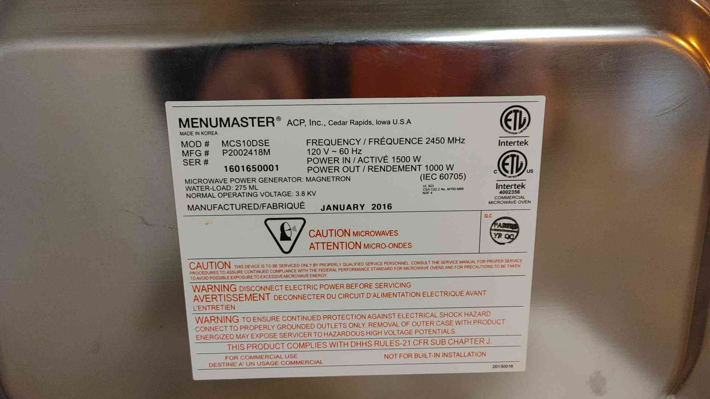 MenuMaster Commercial Microwave 120V 1000W MCS10DSE