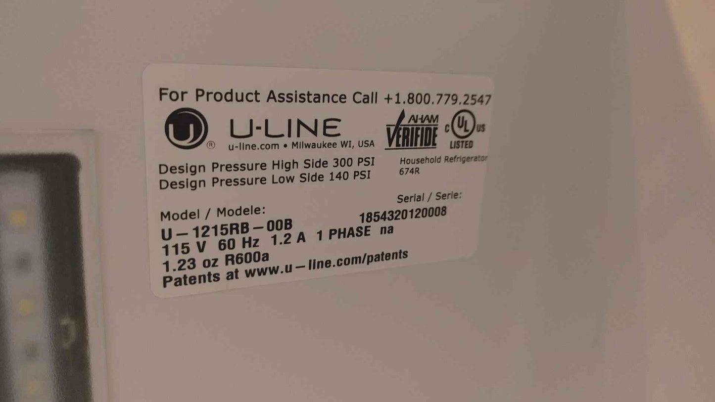 NEW U-Line Compact Refrigerator 115VAC 1PH 1.2A U-1215R-00B