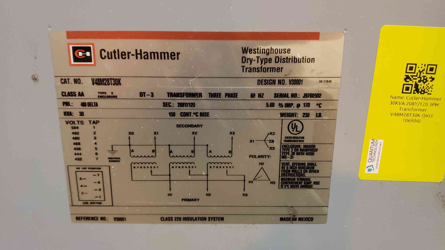 Cutler-Hammer 30KVA 480 x 208Y/120 3PH Dry Transformer V48M28T30K (SKU: 106904)