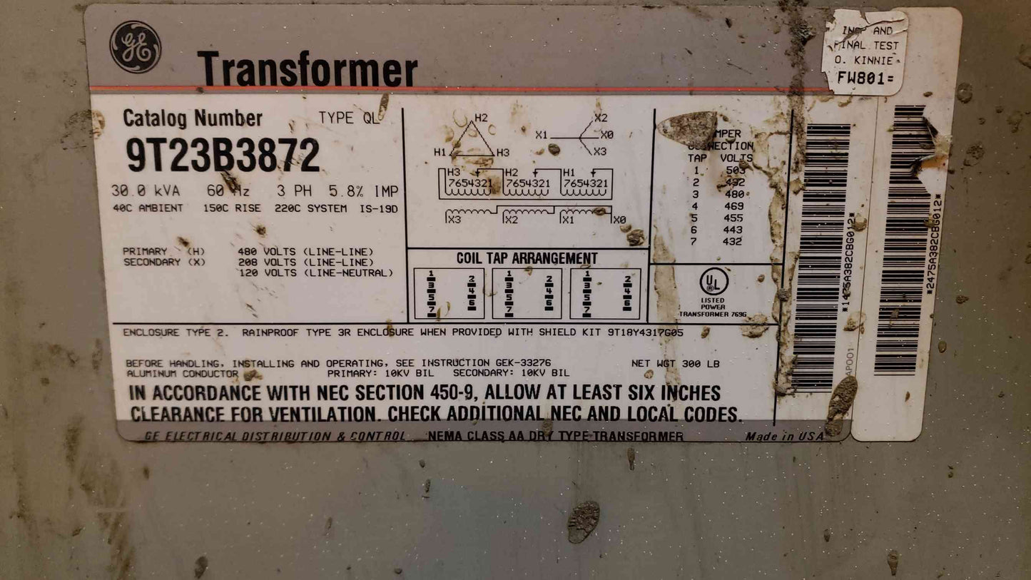 GE 30KVA 480v x 208Y/120 3PH Dry Transformer 9T23B3872 (SKU: 106912)