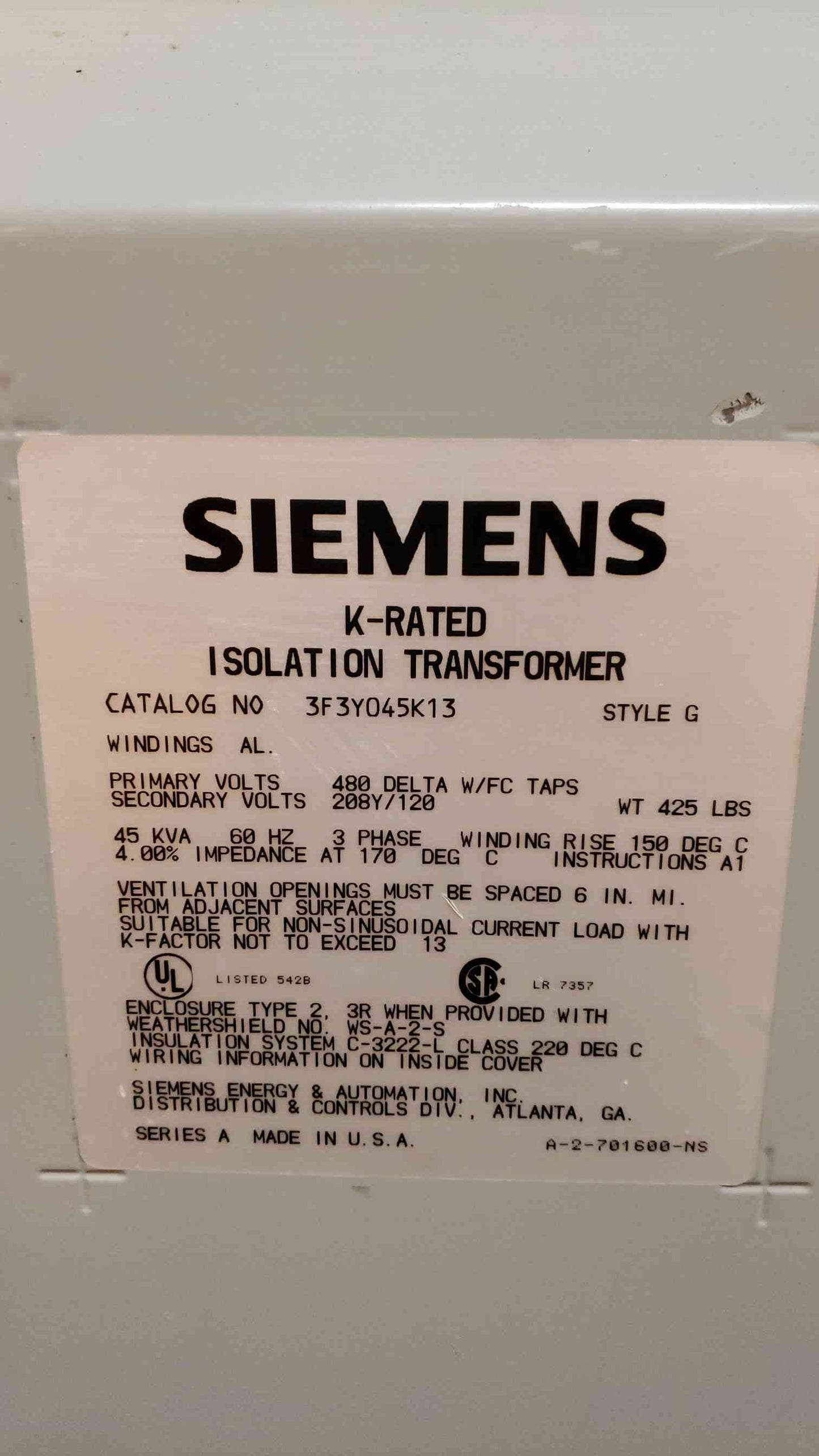 Westinghouse 45KVA 480v x 208Y/120 3PH Transformer U48M28T45K (SKU: 106919)