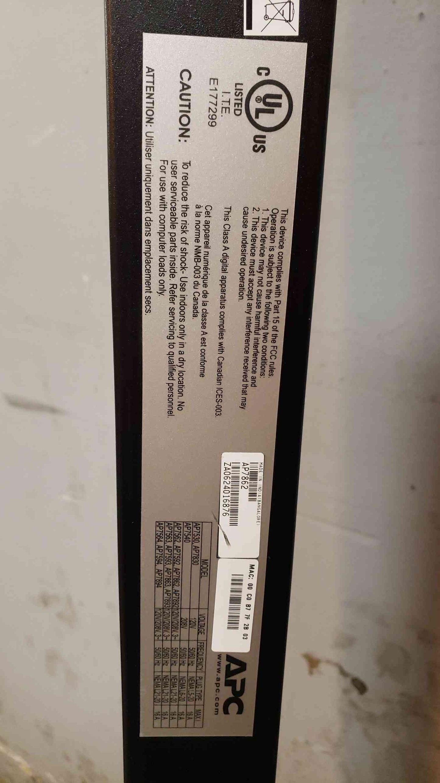 *Pickup Only* APC AP7862 Rack PDU Metered ZeroU 5.7kW 208V 3PH 120V (42)5 (SKU: 107370)