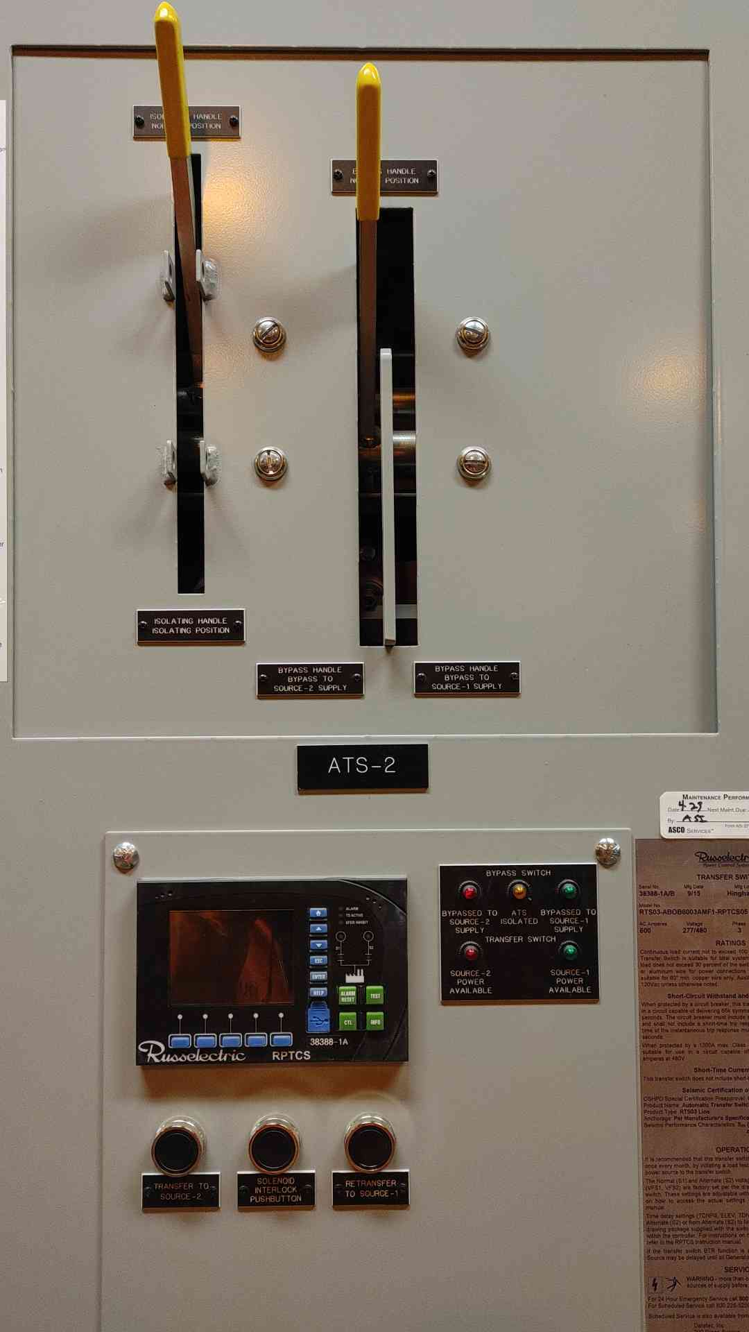 Russelectric Transfer Switch 600A 277/480VAC 3PH 4W RTS03-AB0B6003AMF1-RPTCS05