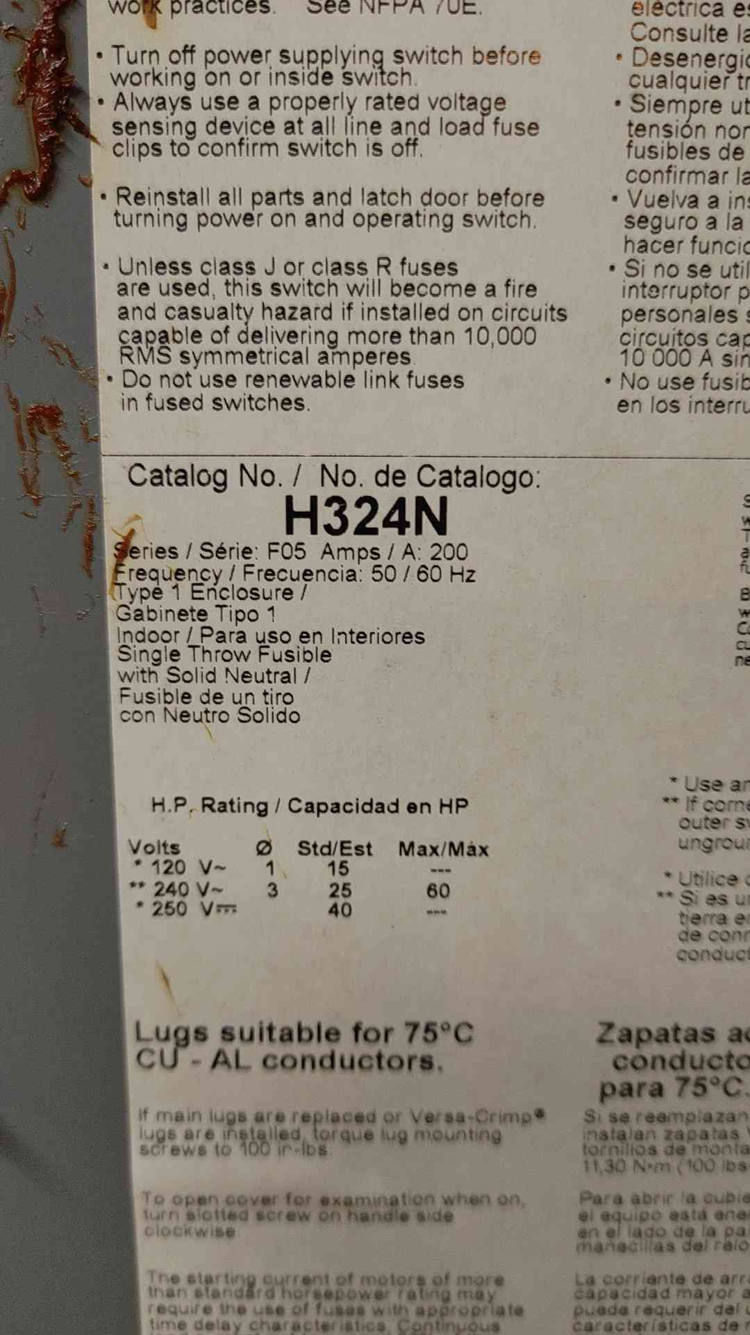 Square D Heavy Duty Safety Switch 200A 240VAC 250VDC H324N