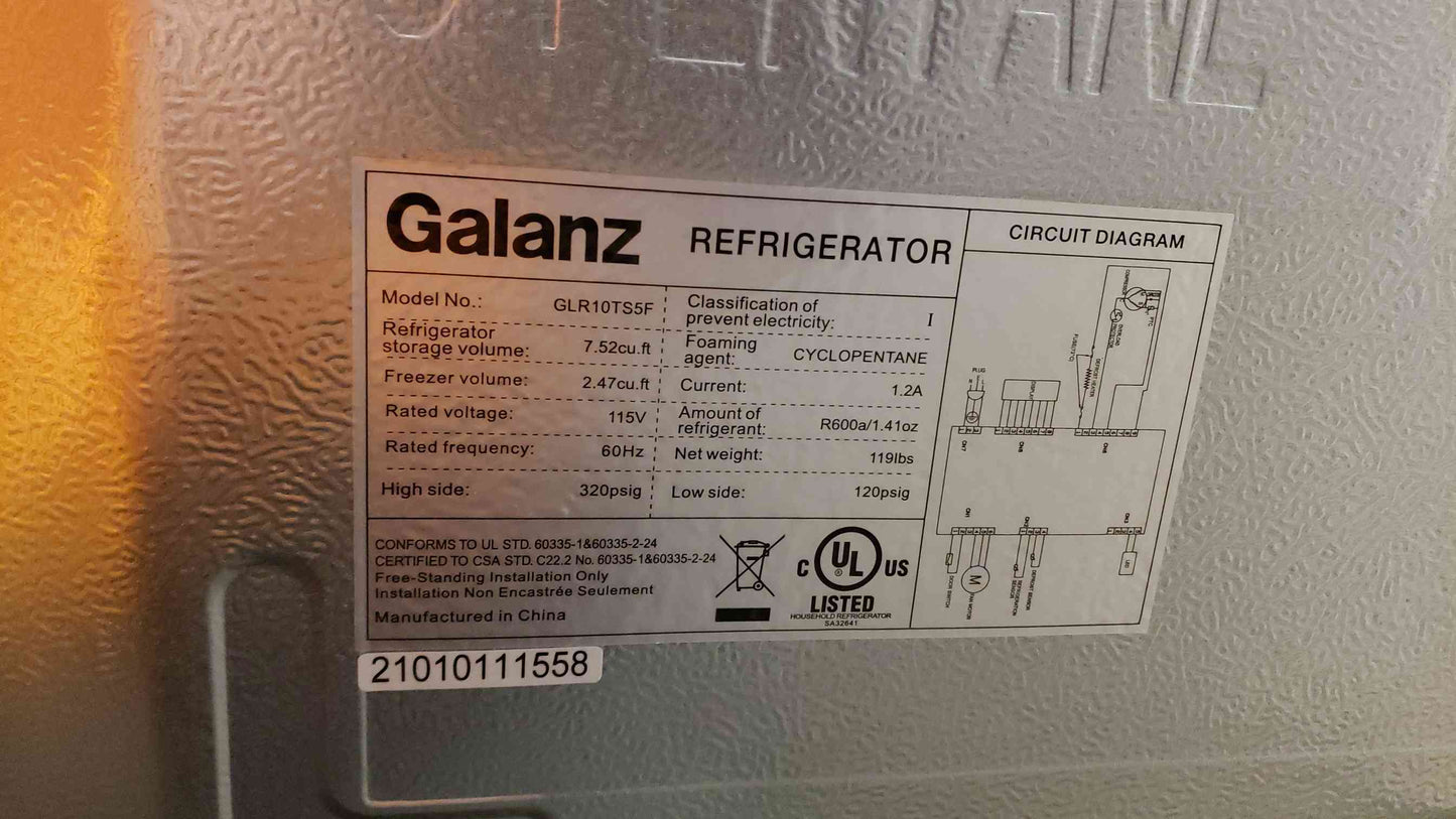 Galanz 115V Refrigerator Freezer Combo GLR10TS5F TESTED (SKU: 108002)