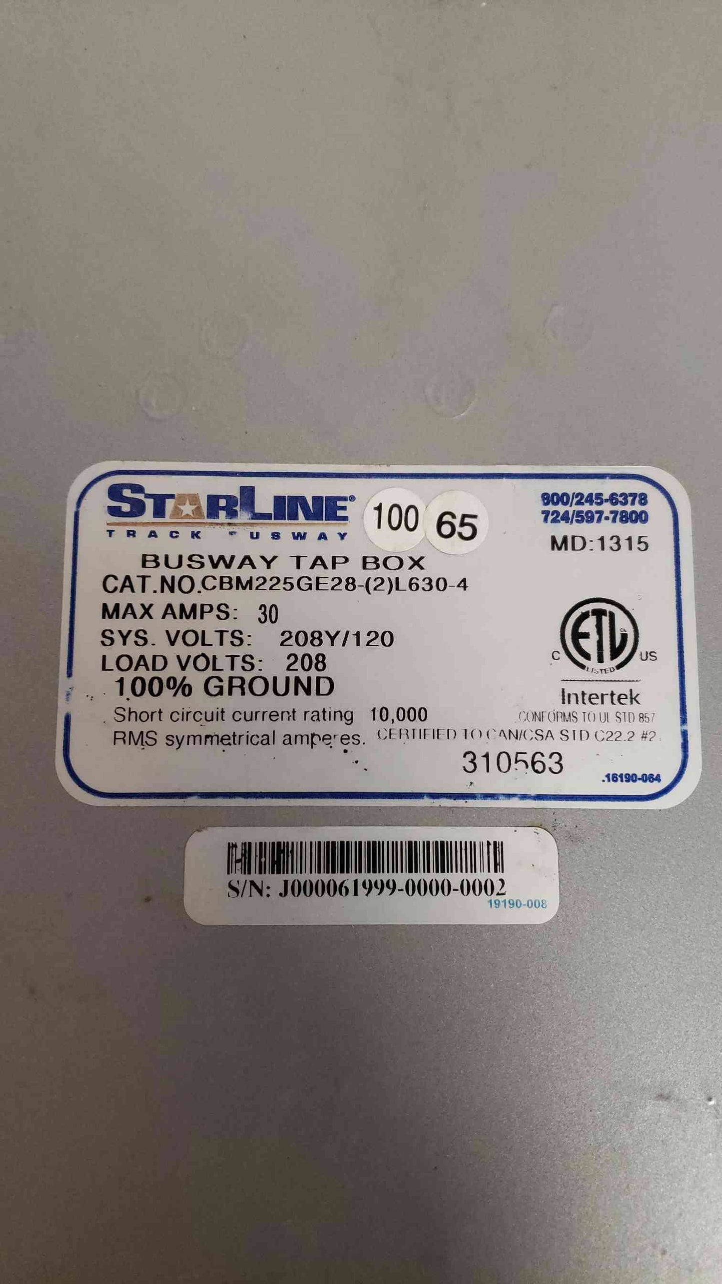 Starline 30A 208Y/120 Busway Tap Box CBM225GE28-(2)L630-4 (SKU: 108168)