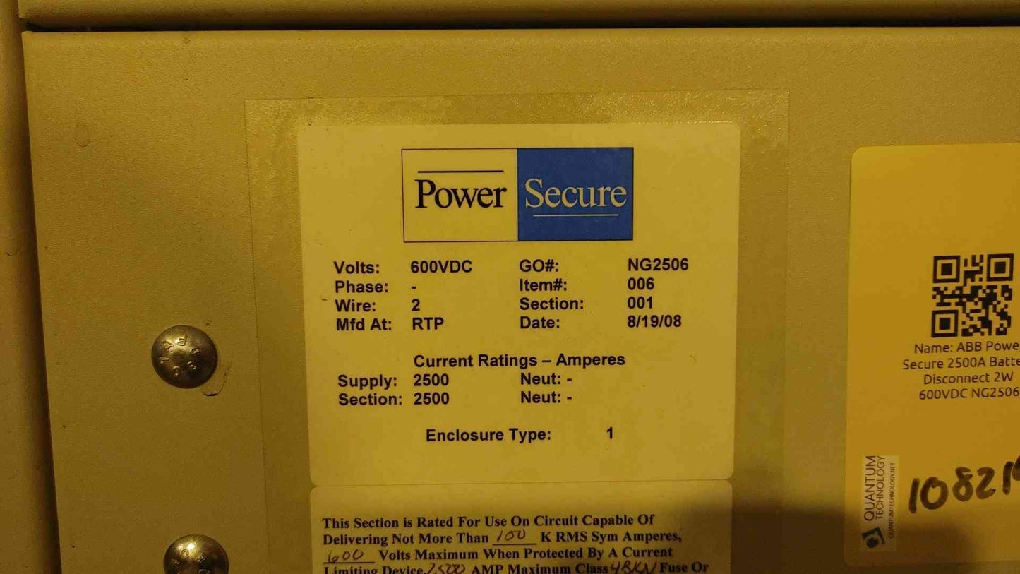 ABB Power Secure 2500A Battery Disconnect 2W 600VDC NG2506 SACE S8D (108214)