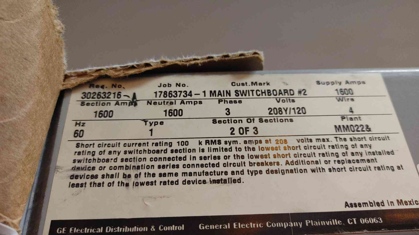 General Electric 3 Section Switchgear 1600A 3PH 208Y/120V 4W (108687)