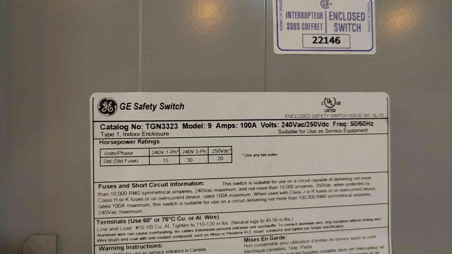 General Electric Safety Switch 100A 240VAC 250VDC TGN3323