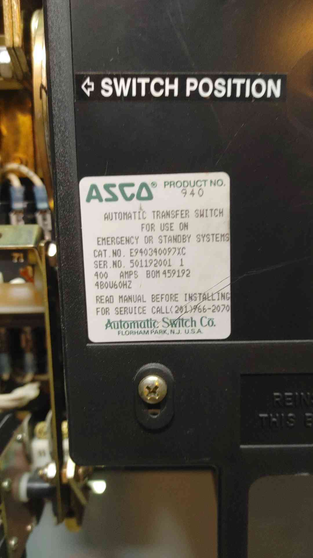 ASCO ATS 400A 480V E940340097XC Automatic Transfer Switch (108921)