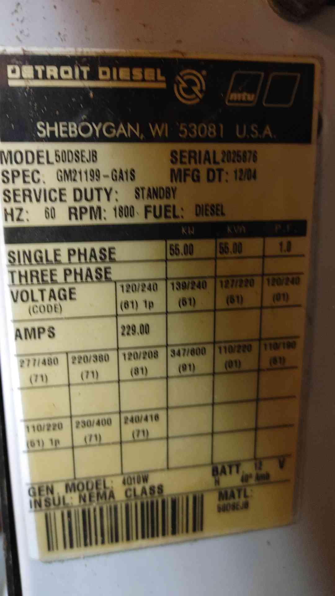55KW Detroit Diesel John Deere 1PH 50DSEJB 598Hrs TESTED (109012)