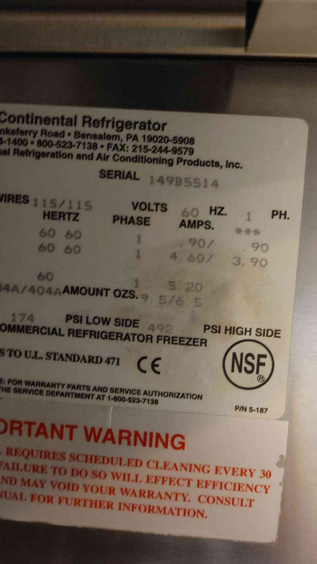 Continental Refrigerator S1RF-SS 115 V 60/90 Amp R134A/404A 2 Door (109175)