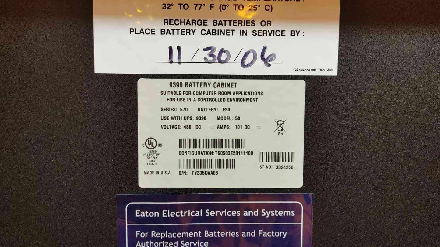 Eaton 9390 Battery Cabinet 480VDC 101ADC 50 Model E20 Battery (109304)