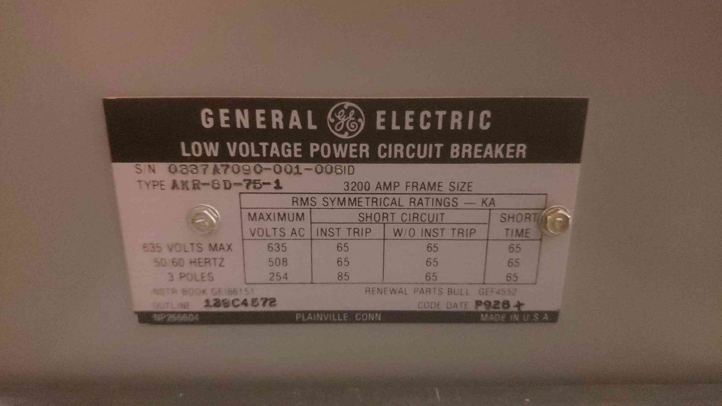 GE 3200A 635V Max Low Voltage Power Circuit Breaker AKR-8D-75-1 (SKU: 109430)