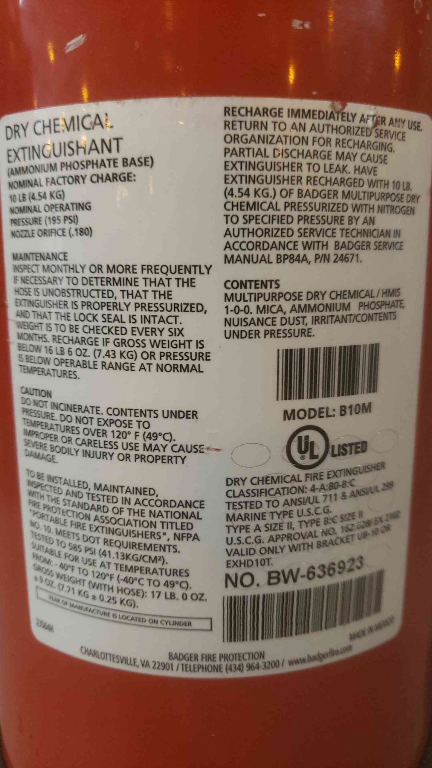 Badger ABC Dry Chemical B10M Out of Service Commercial Fire Extinguisher (SKU: 109894)