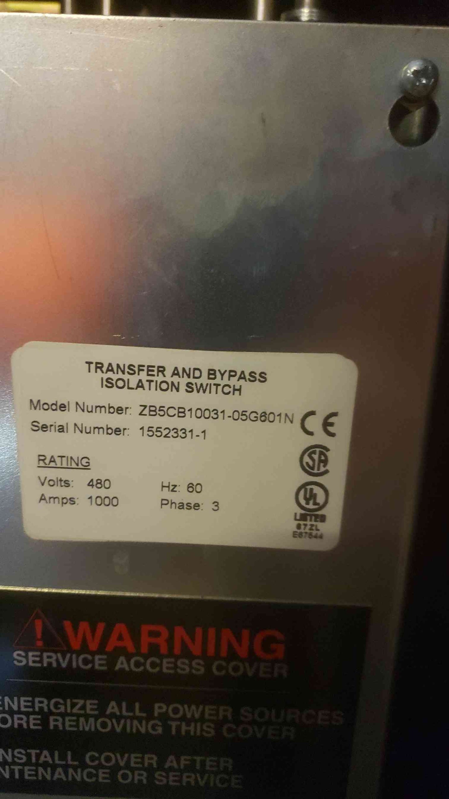 GE Zenith ZTS 1000A 480V 3PH Bypass Isolation Transfer ATS ZB5CB10031