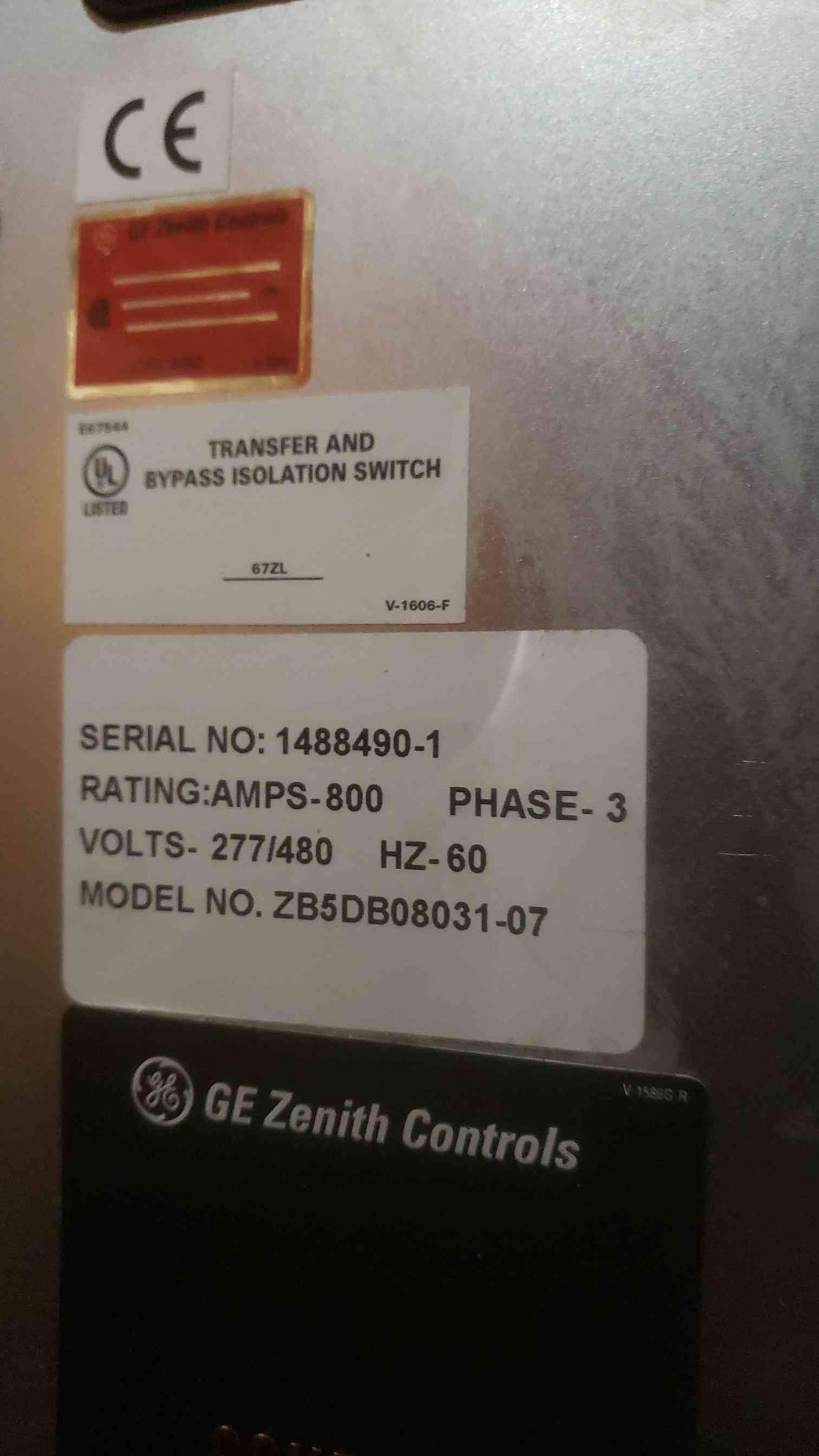 GE Zenith ZTS 800A 480V 3PH Bypass Isolation Transfer Switch ATS ZB5DB08031-07 (SKU: 110147)