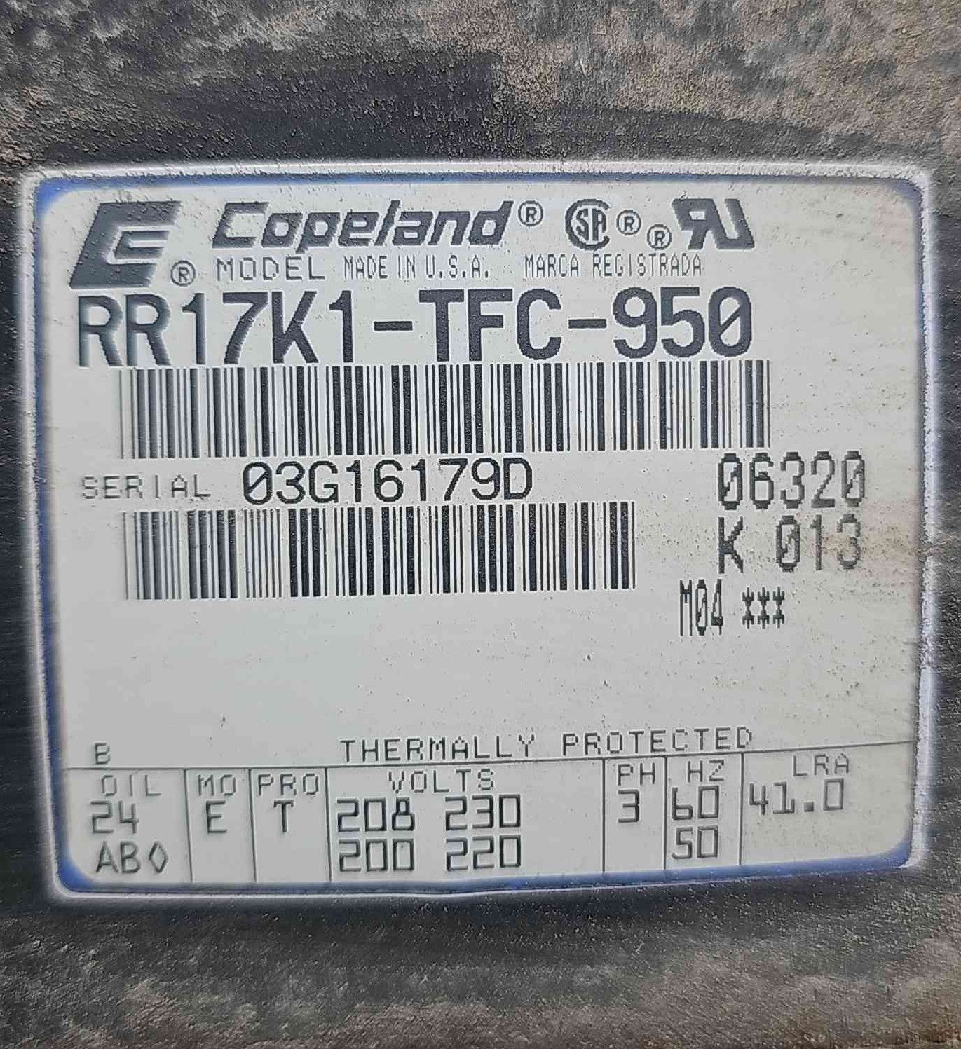 Copeland Refrigeration Compressor in Enclosure RR17K1-TFC-950 for Walk-In Cooler