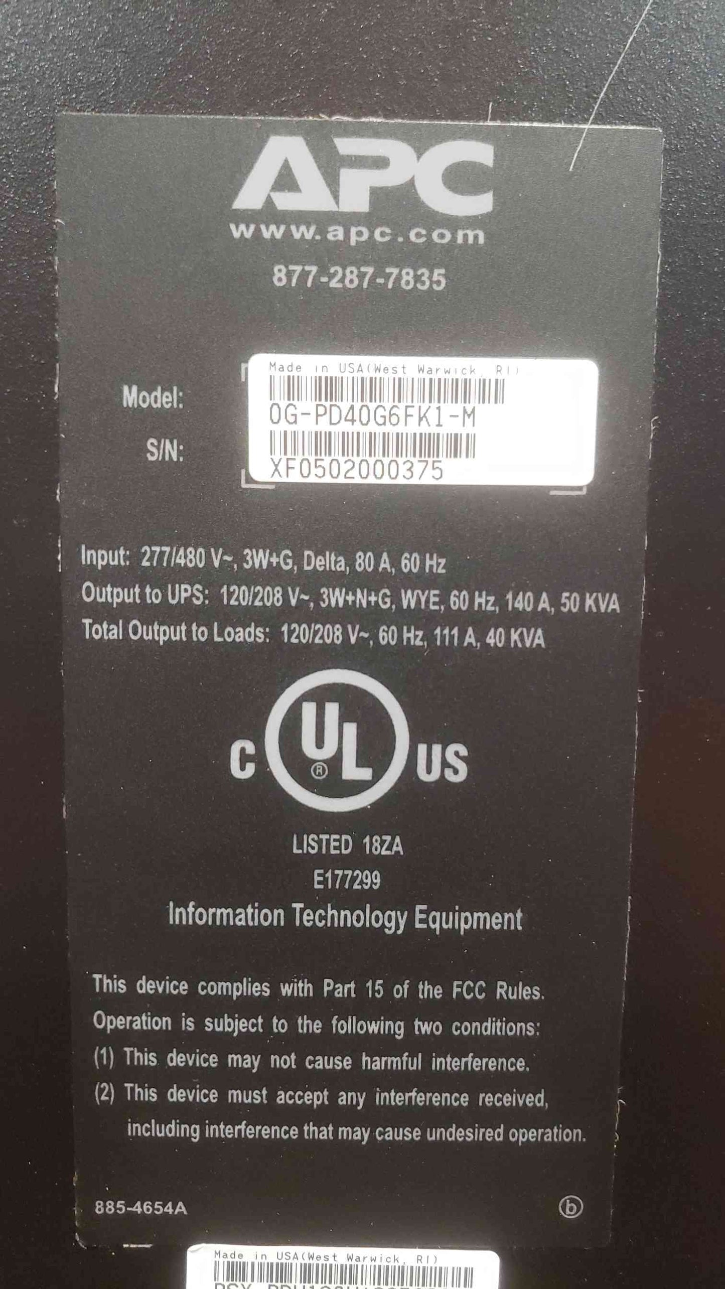 APC Symmetra PX 40KVA PDU MBP 277/480V 3W+G 80A 60Hz PD40G6FK1-M
