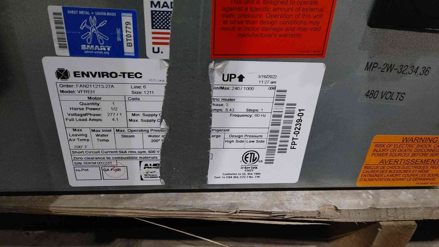 ENVIRO-TEC VFR Parallel Flow Fan-Powered VAV Terminals VFREH