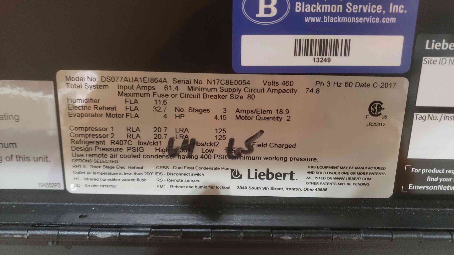 Liebert 460V 22 Ton 3PH 60Hz Crac Unit DS077AUA1EI864A (SKU: 111245)