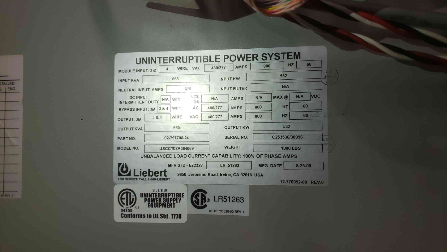 Liebert SCC 480/277 800A 3PH 4W UPS USCCT08A364069 Control Cabinet (SKU: 111479)
