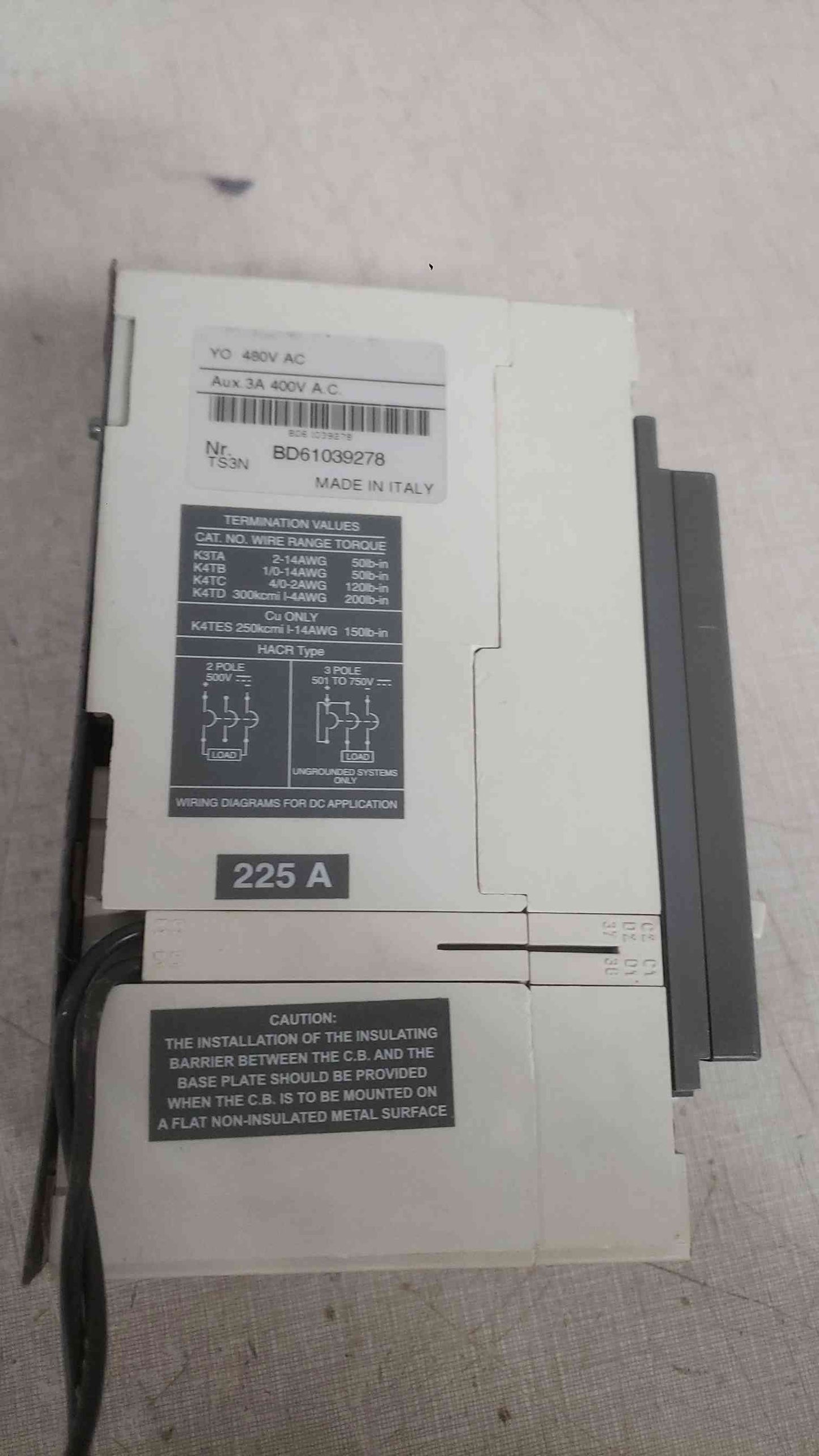 ABB 225A SACE Tmax Ts3N 225 3 Pole Breaker (SKU: 111875)