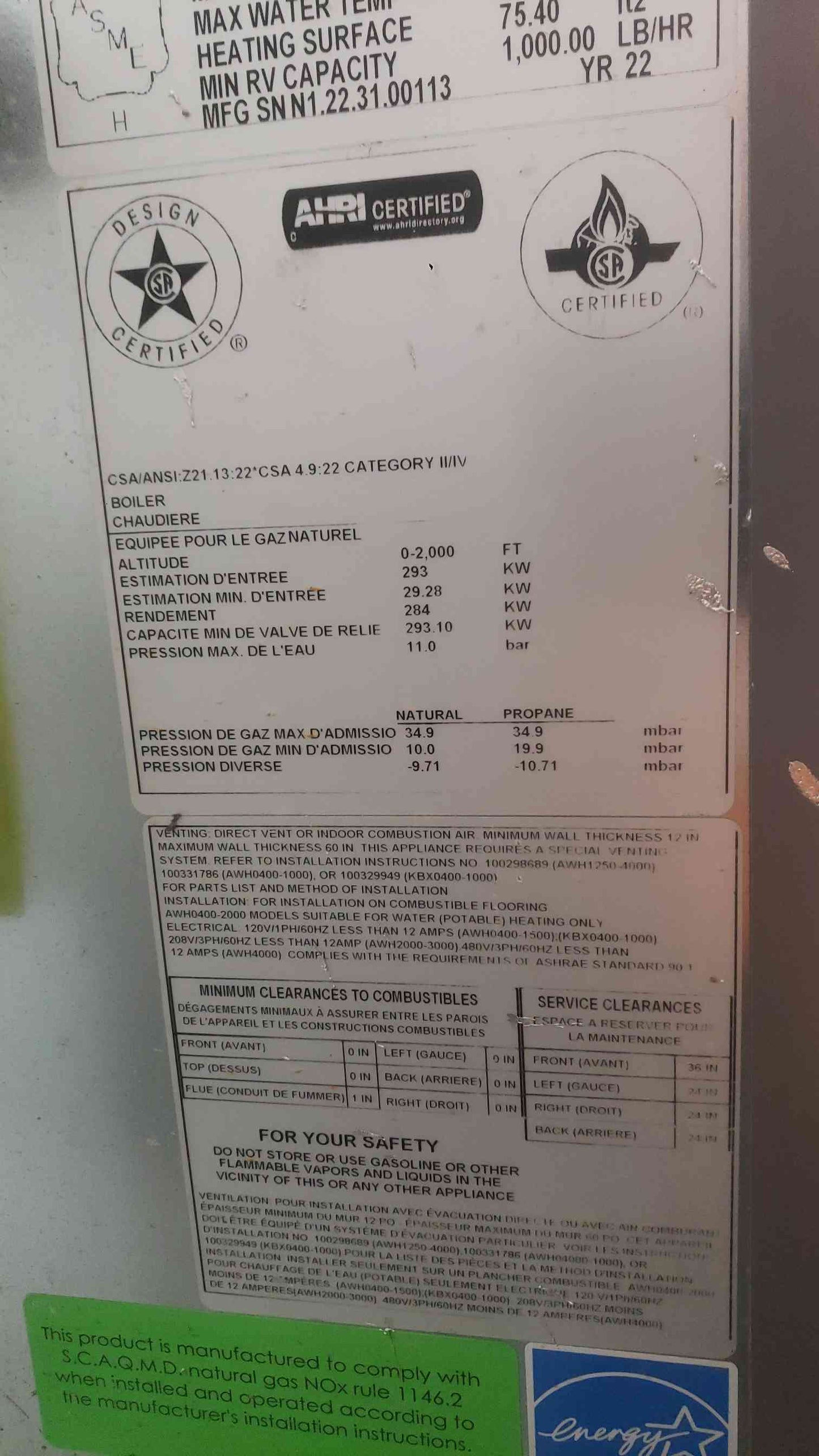 Lochinvar Knight XL Natural Gas Commercial Boiler KBX1000N 2022 (SKU: 112141)