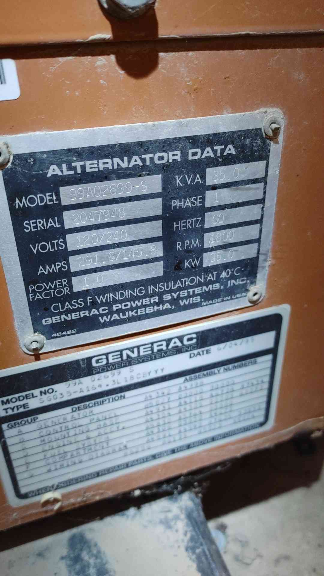 AS IS 35kW Generac 291.6A 120/240V 1PH Nat Gas LP Generator SG035 1214Hrs TESTED (SKU: 112206)