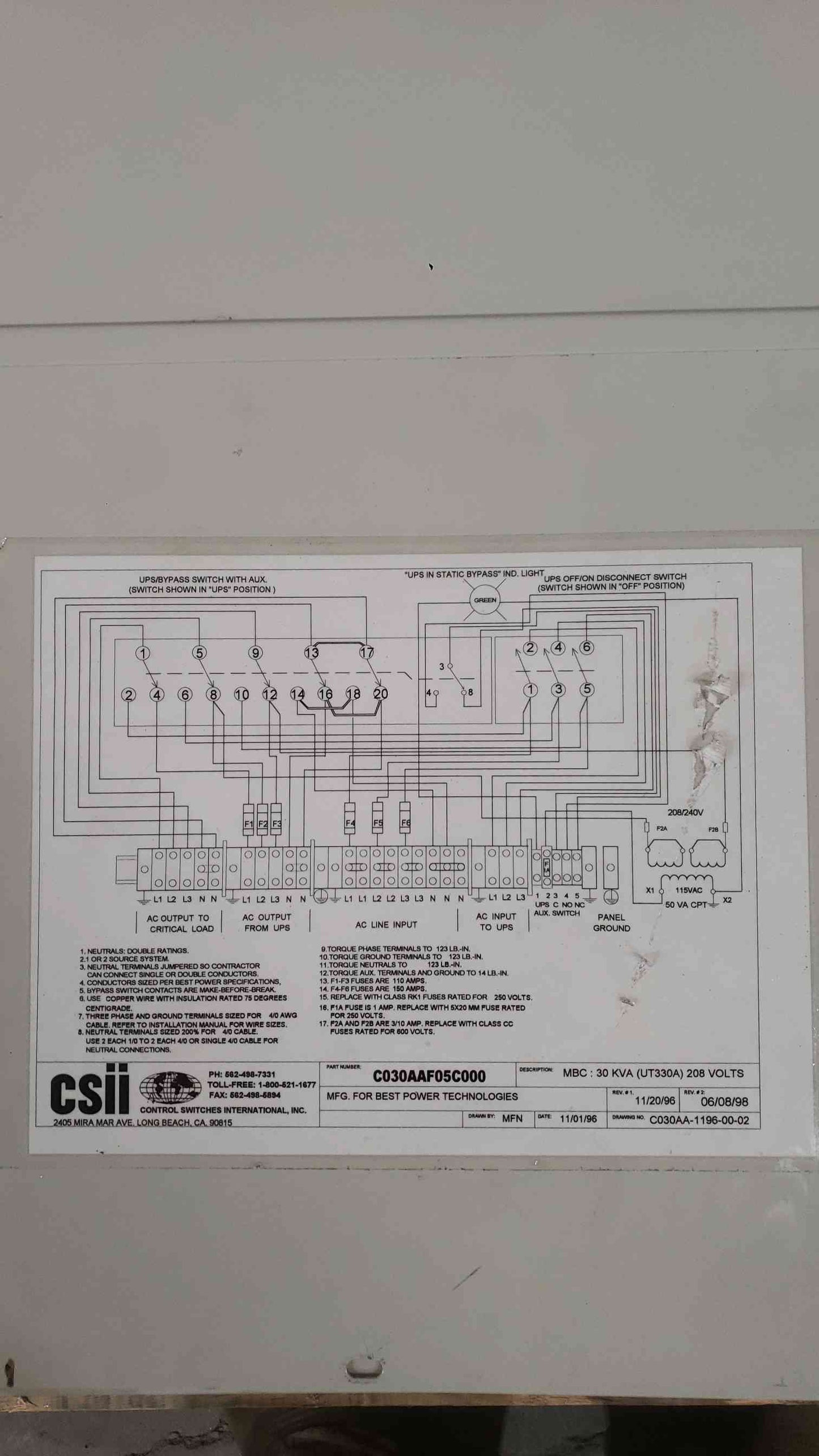CSII 250V 3PH 4W+G Maintenance Bypass Cabinet C030AAF05C000 MBP (SKU: 112339)