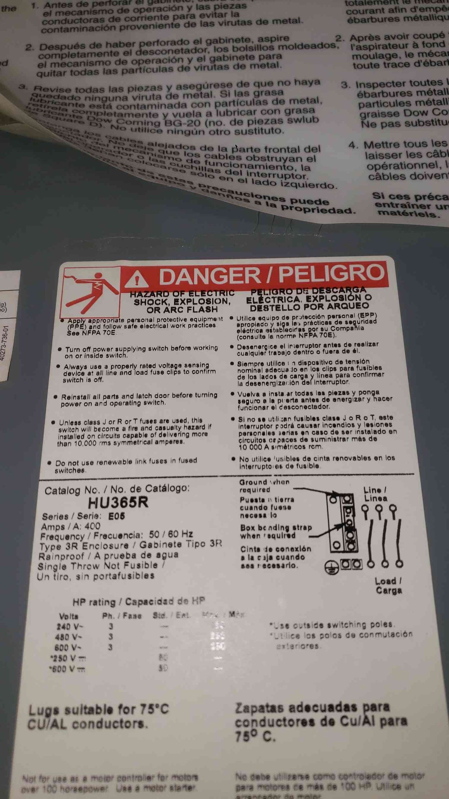 Square D 400A 600VAC Heavy Duty Safety Switch HU365R (SKU: 112427)
