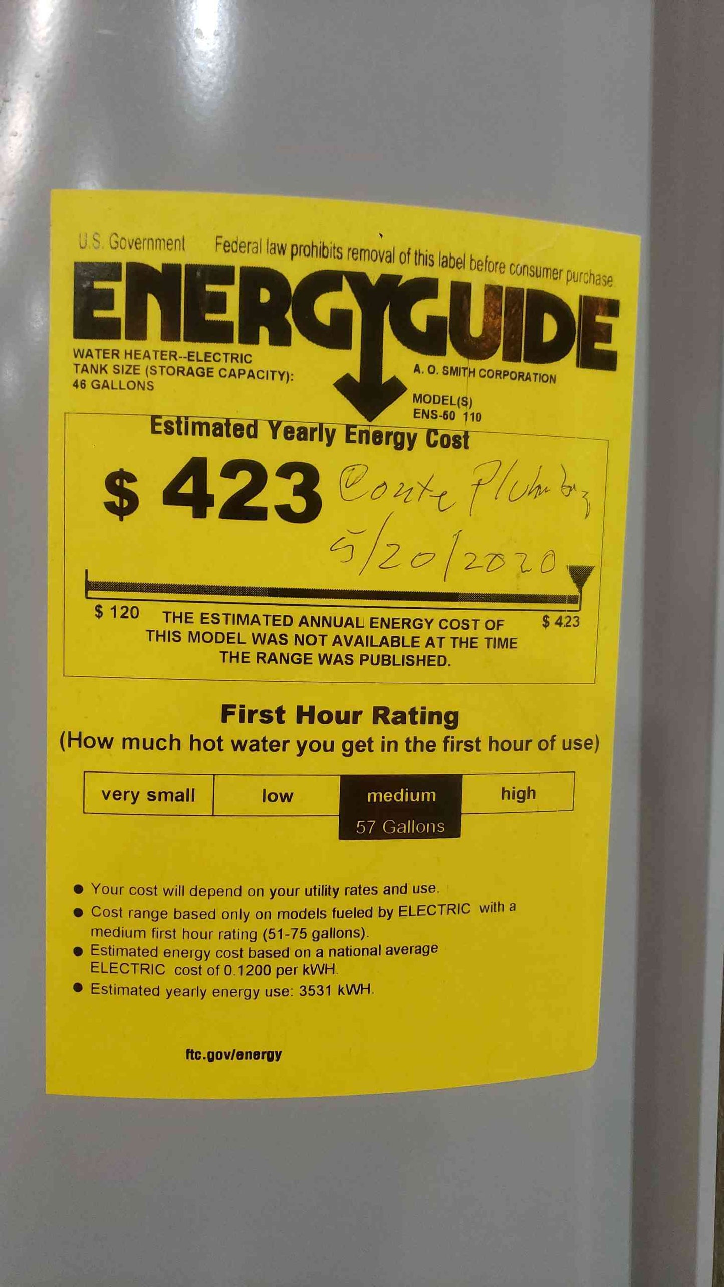 A.O. SMITH 240VAC 1PH Electric Storage Tank Water Heater ENS-50-110 (SKU: 112454)
