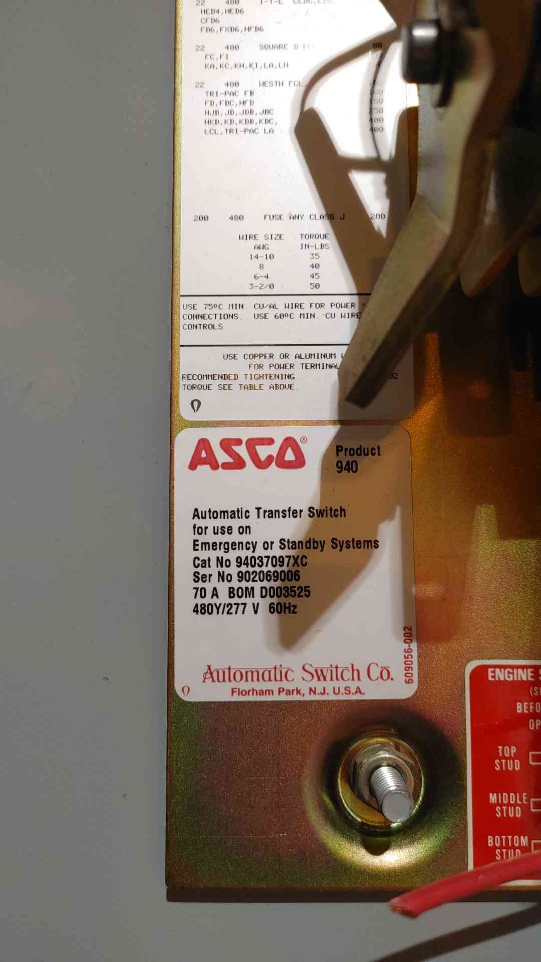 ASCO 940 - 480/277V 70A Automatic Transfer Switch 94037097XC(SKU: 112494)