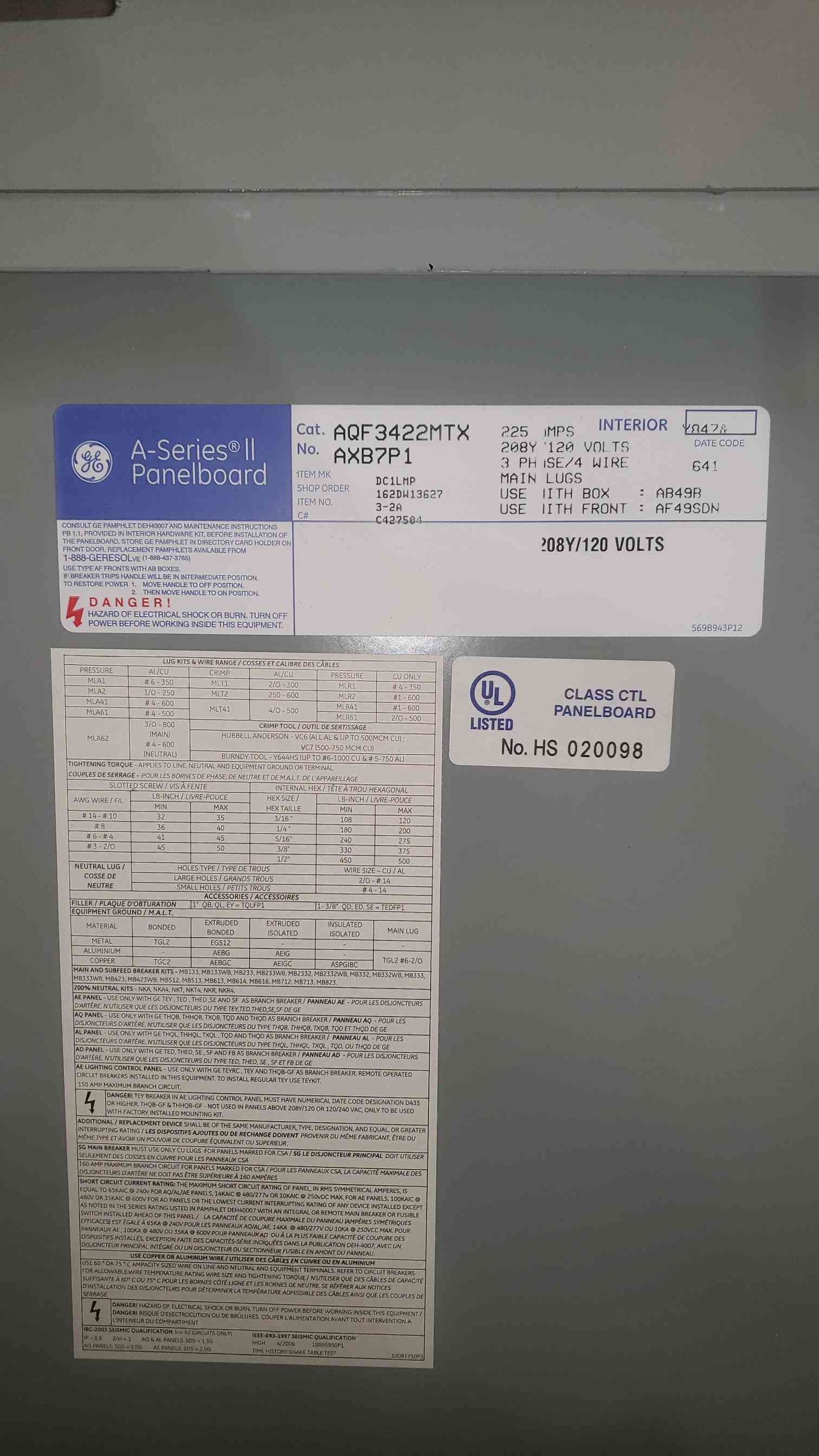 GE 225A Max A Series II 208Y/120 3PH 4W Panelboard (SKU: 112495)