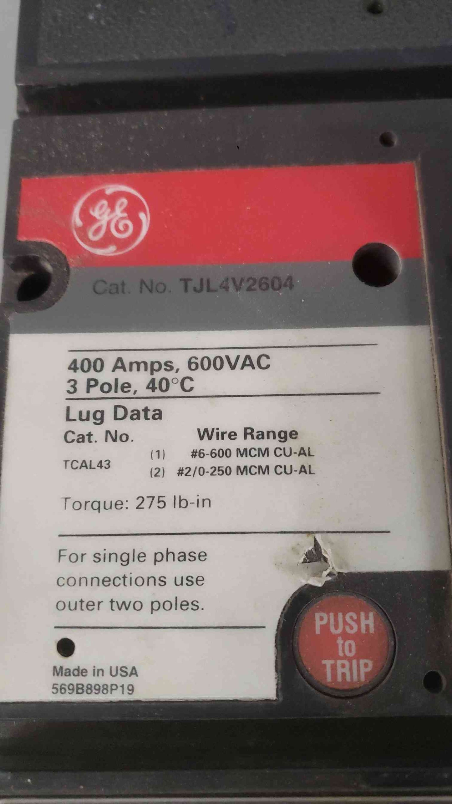 GE 400A 600VAC 3 Pole High IC Circuit Breaker TJL4V2604 (SKU: 112534)