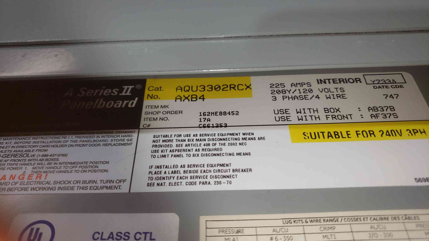 GE 225A 208Y/120 3PH 4W Panelboard (SKU: 112650)